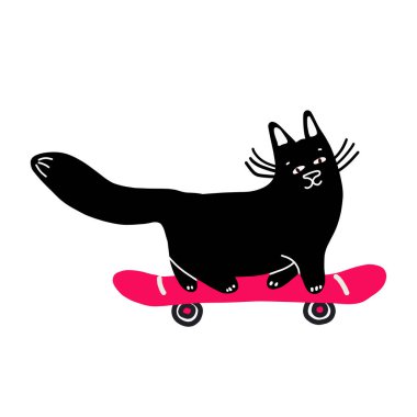 Siyah bir kedi pembe bir kaykayın üzerinde tembelce duruyor. El yapımı illüstrasyon. Etiketler, çıkartmalar ve tişört tasarımı için uygun. Beyaz bir arka planda izole edilmiş. Komik kedi ortalığı kirletiyor..