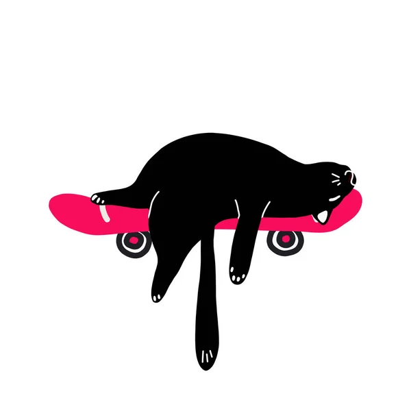 Černá líná kočka leží s tlapami na růžovém skateboardu. Vektorové ilustrace v ručně kresleném stylu.Vhodné pro samolepky, samolepky, design trička. Izolováno na bílém pozadí. — Stockový vektor