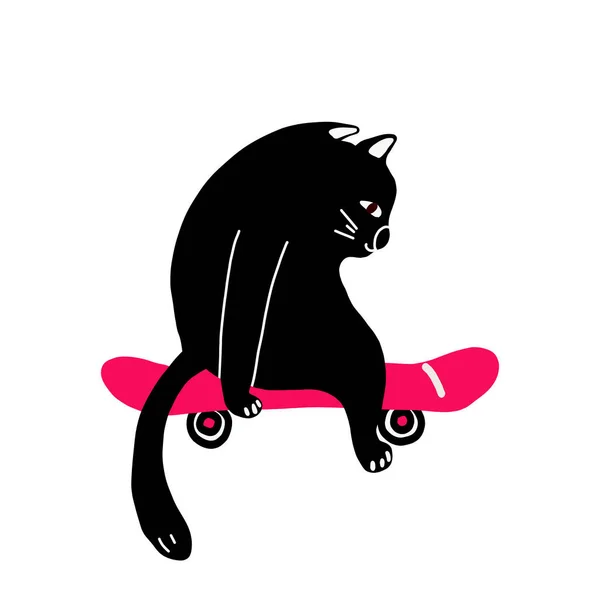 Černá Líná Kočka Sedí Tlapami Růžovém Skateboardu Vektorové Ilustrace Ručně — Stockový vektor