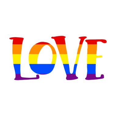 Aşk vektör harfleri, içinde gökkuşağı bayrağı. Eşcinsel Gururu. LGBT konsepti. Etiket, yama, tişört izi, logo tasarımı. beyaz arkaplan.