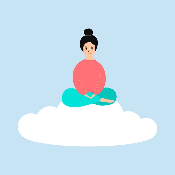 Una chica hace yoga en el cielo con nubes. El yogui se sienta en Padmasana en la posición del Loto, medita, se relaja, se calma y lidia con el estrés. Ilustración vectorial de diseño plano. para social — Archivo Imágenes Vectoriales