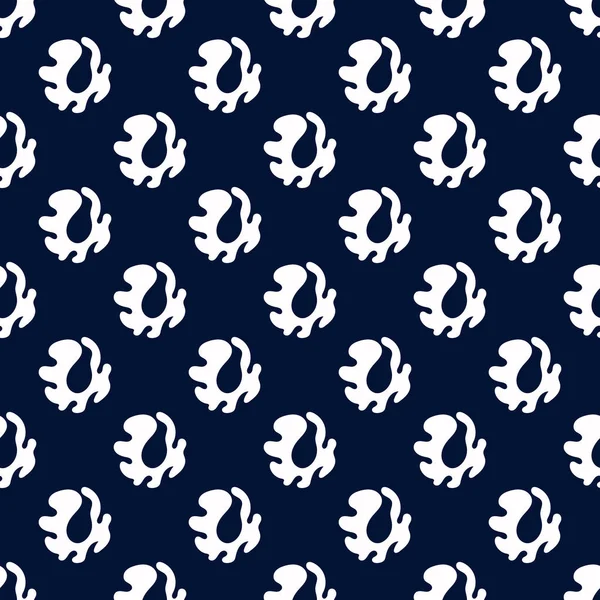 シームレスな抽象的なBLOBパターン。青い背景に白い要素のある幾何学模様。ベクトルイラスト。包装、家具の内装、ファブリック、壁紙のための — ストックベクタ