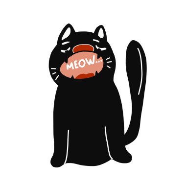 Elle çizilmiş korkunç bir kara kedinin vektör çizimi. Çıkartmalar, çıkartmalar ve tişört tasarımı için uygun. Beyaz bir arkaplanda izole edilmiş.