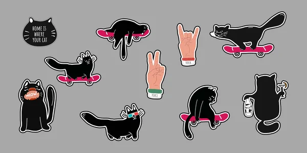 Un conjunto de ilustraciones de stock vectoriales del carácter gato negro. emoticonos de dibujos animados o pegatinas con un gato en diferentes poses. para sitio web, infografías, animación, sitio web, correo electrónico, cómic — Vector de stock