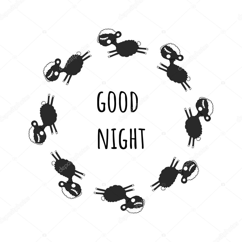 Vector sheep - the Good Night poster.hand-drawn Doodle-style illustration on a white background.for a poster,banner, articles about insomnia, social networks. black and white sheep run in a circle.