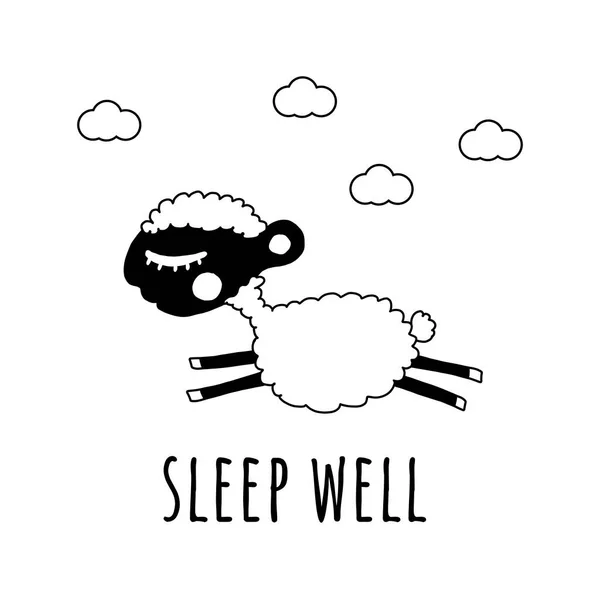 Vector cute greeting card with a fluffy sheep and hand-lettered text sleep well. The Doodle-style illustration is isolated on white background.for posters,websites, childrens clothing,gift packaging — Stock Vector