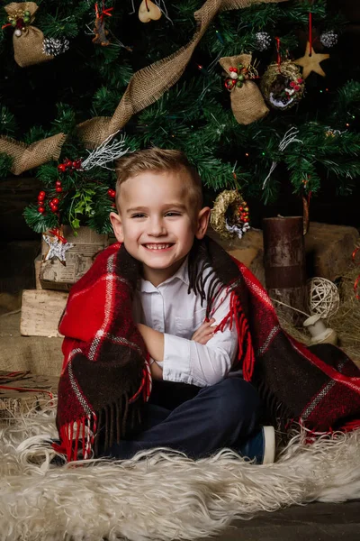 Πολύ ωραίο αγόρι κάθεται κοντά ένα χριστουγεννιάτικο δέντρο χαμογελώντας ευτυχώς τυλιγμένο — Φωτογραφία Αρχείου