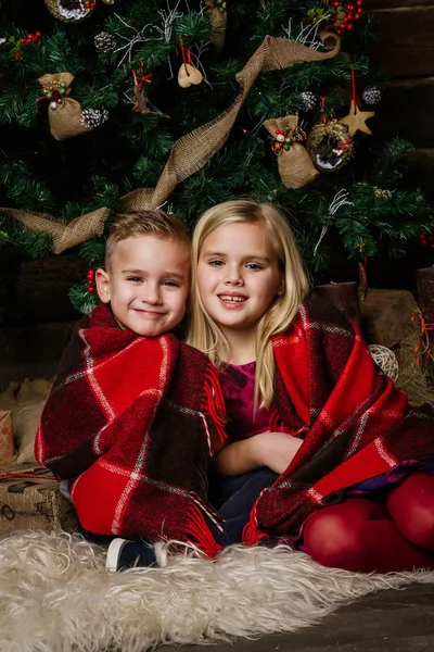 Muchacha y niño muy hermoso cerca de un árbol de Navidad sonriendo feliz — Foto de Stock