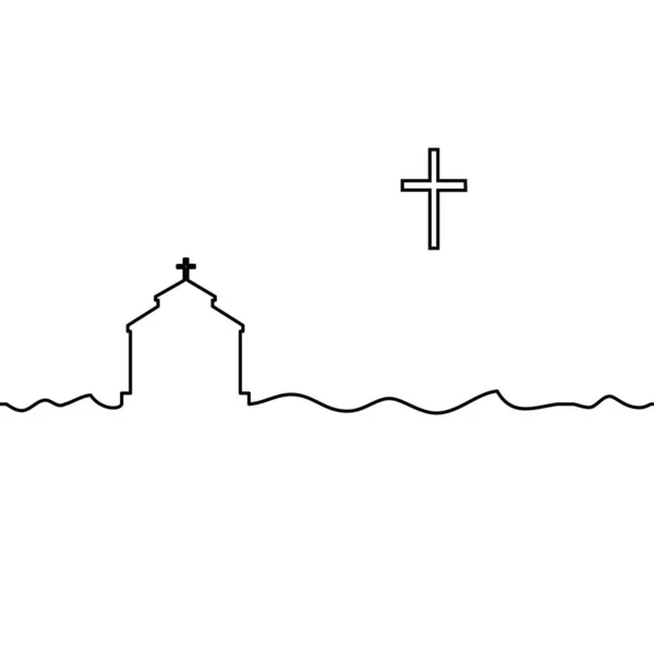 Templo protestante y cruz. Dibujo de una línea . — Vector de stock