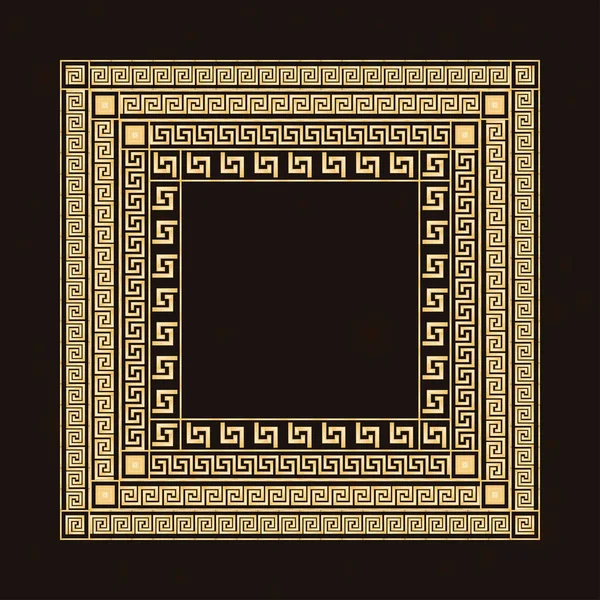 传统的简单弯曲。 黑色背景上的金色正方形框架。 古希腊装饰品. — 图库矢量图片