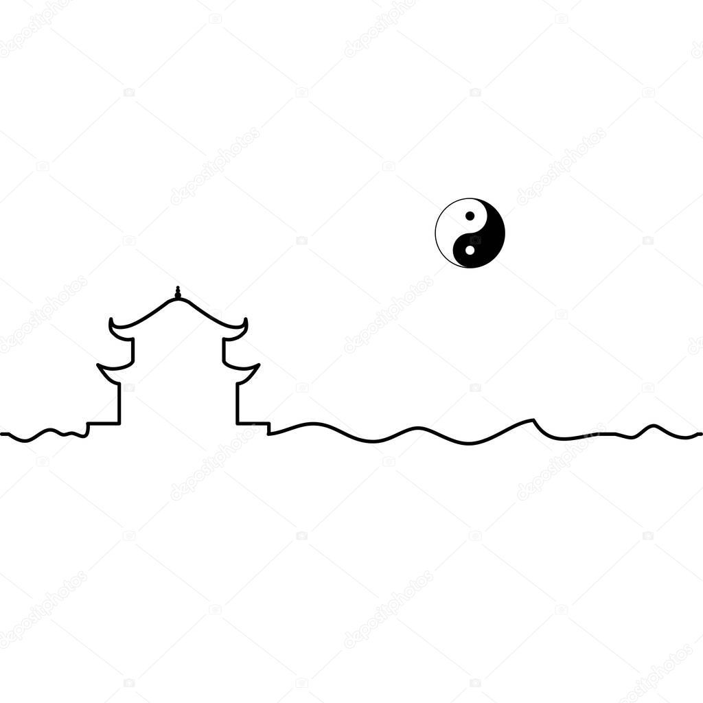 Taoism temple and yin yang symbol. One line drawing. 