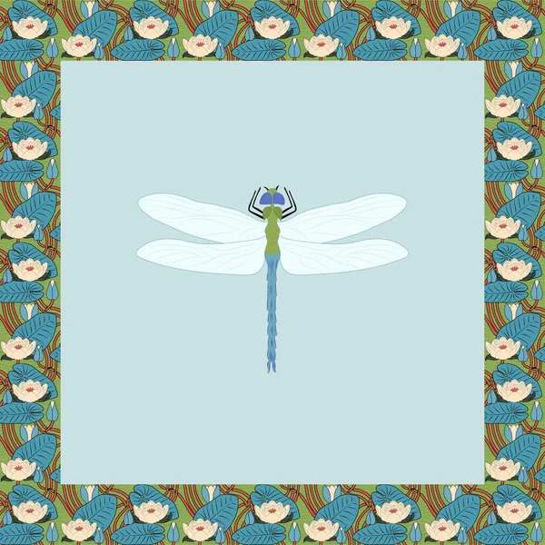 Dragonfly έγχρωμη απεικόνιση σε vintage τετράγωνο πλαίσιο. Στυλ Art Nouveau. — Διανυσματικό Αρχείο