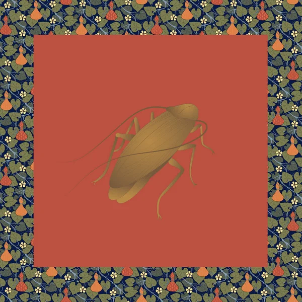 Κατσαρίδα έγχρωμη απεικόνιση σε vintage τετράγωνο πλαίσιο με lagenaria. — Διανυσματικό Αρχείο
