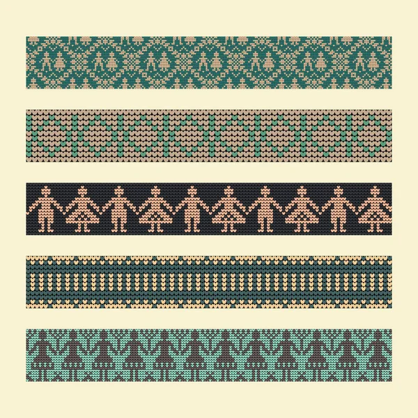 Norwegisches traditionelles Ornament. Grenzen mit anthropomorphen Ornamenten. Strickmuster. — Stockvektor