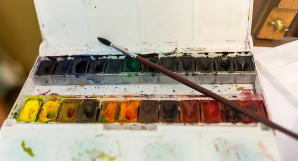 Watercolor set tools with brushes — Stock Photo, Image