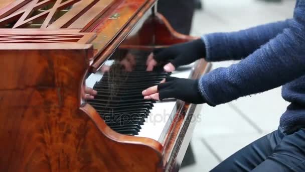 New York - 26 augusti 2016: man spelar live piano i Washington Square Park i New York. Utomhus musikuppträdanden är vanliga i sommar i staden. — Stockvideo