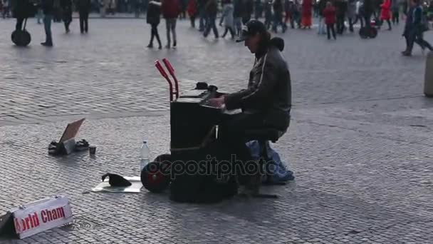 NOVA IORQUE - JAN 24, 2015: pianista tocando piano no Washington Square Park no inverno em câmera lenta em 4K. Washington Square Park é um popular parque público em Greenwich Village Manhattan, NYC, EUA . — Vídeo de Stock