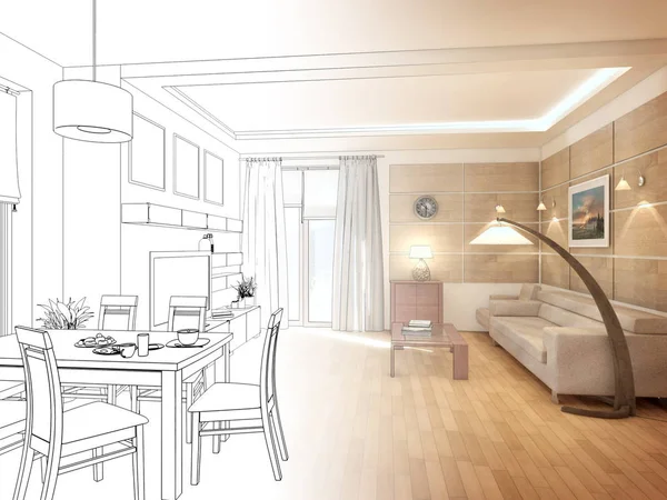 Interno di design moderno del soggiorno. Rendering 3D — Foto Stock