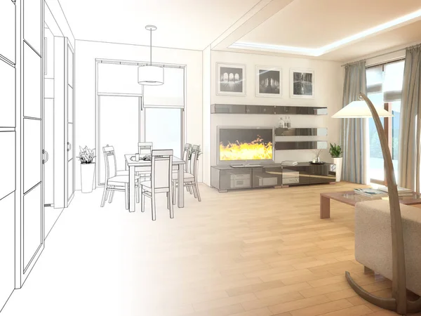 Современный дизайн интерьера гостиной. 3D рендеринг — стоковое фото