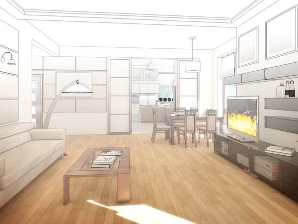 Moderní design interiéru obývacího pokoje. 3D vykreslování — Stock fotografie