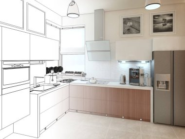 Mutfak iç. 3D çizim render.