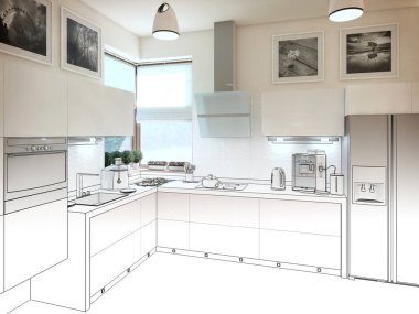 Mutfak iç. 3D çizim render.