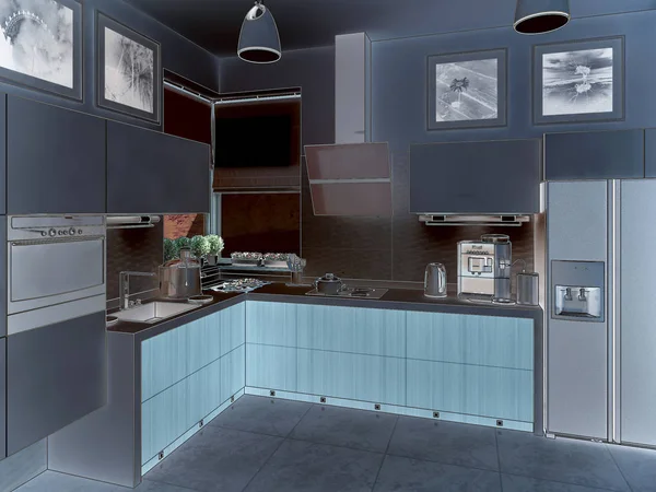 Кухонный интерьер. 3D иллюстрация, рендеринг . — стоковое фото