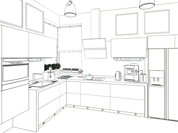 Interior de la cocina. Ilustración 3d, renderizar . — Foto de Stock