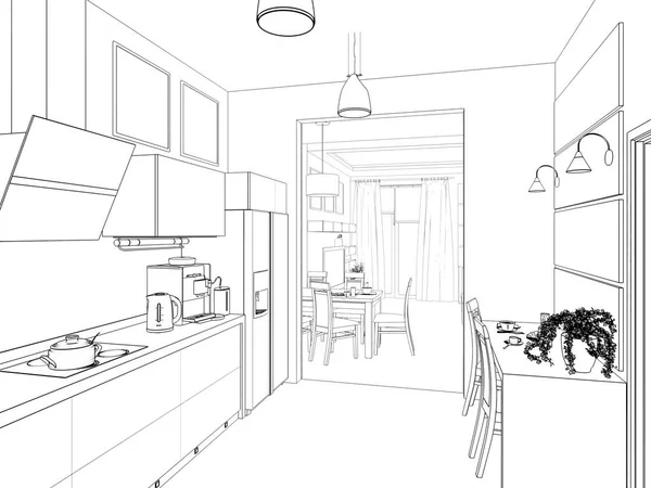 Cucina interna. Illustrazione 3d, rendering . — Foto Stock