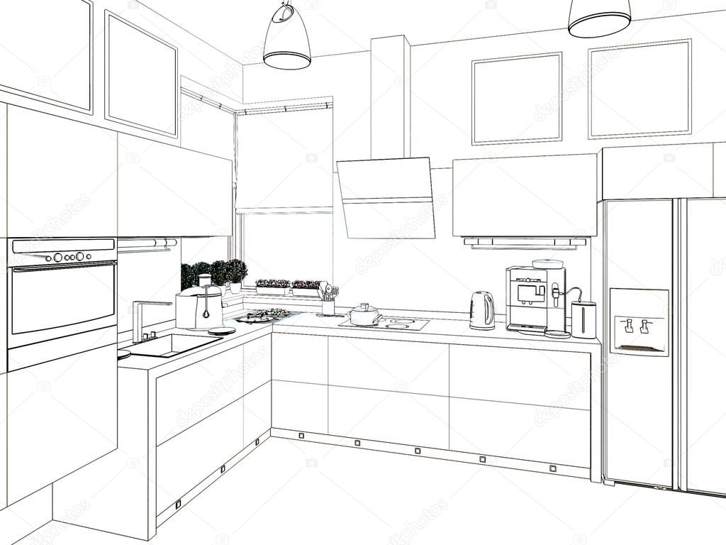 Kitchen interior. 3d illustration, render.