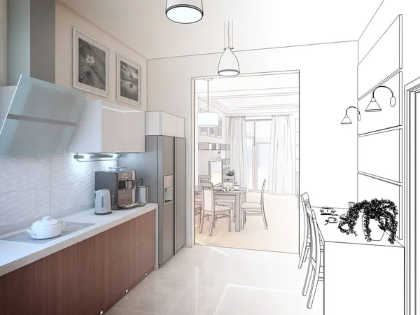 Wnętrze kuchni. ilustracja 3D, renderowania. — Zdjęcie stockowe