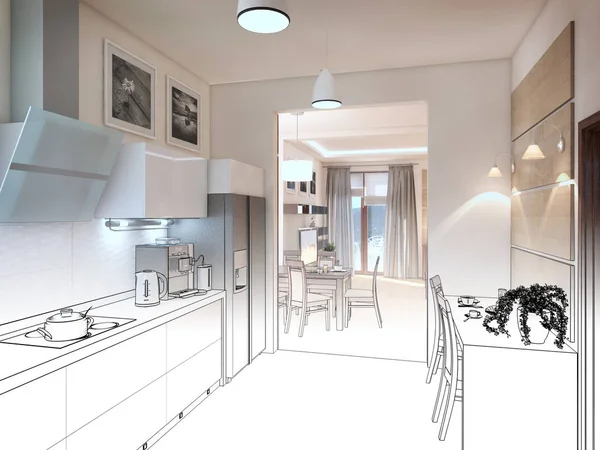 Kitchen interior. 3d illustration, render. — Stock Photo, Image