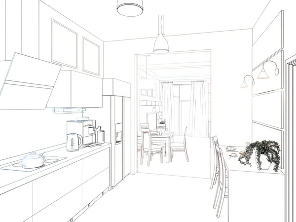 Intérieur de la cuisine. Illustration 3D, rendu . — Photo