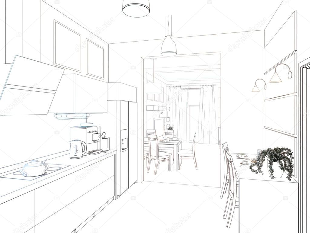 Kitchen interior. 3d illustration, render.