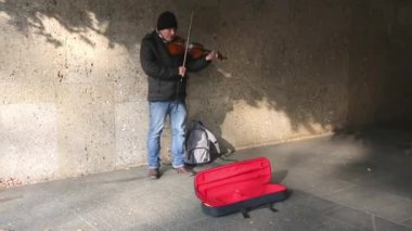 Vilnius, Litvanya - 16 Mayıs 2015: yakın kadar güzel genç müzisyen kadın caddede keman ile 16 Mayıs 2015 Vilnius, Litvanya gerçekleştirmek.