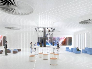 Geleceğin soyut beyaz iç. 3D şekil ve işleme