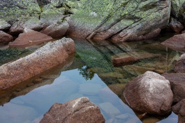 Ergaki, Rusya'nın yüksek dağlarında Gölü uyum içinde ayna yansımalar
