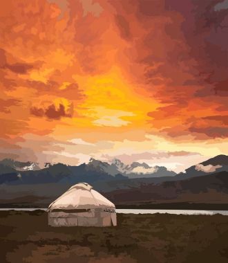 Moğolistan görünümünü. Yurts Geleneksel Moğol konut Moğol bozkır. Arka planda dağlar. Seyahat kroki. Fırça kalem grafik sanatı. Elle çizilmiş vintage Kitap Illustration, kartpostal. Vektör