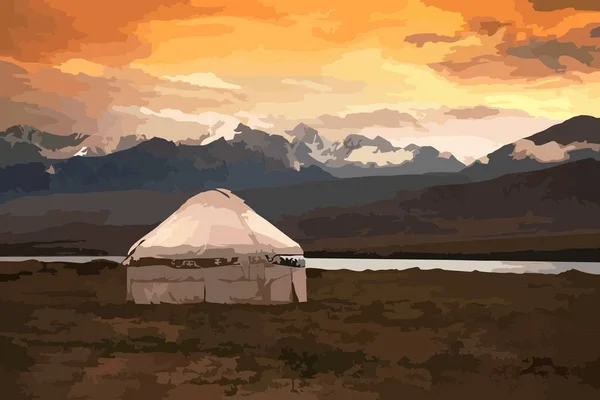 Moğolistan görünümünü. Yurts Geleneksel Moğol konut Moğol bozkır. Arka planda dağlar. Seyahat kroki. Fırça kalem grafik sanatı. Elle çizilmiş vintage Kitap Illustration, kartpostal. Vektör