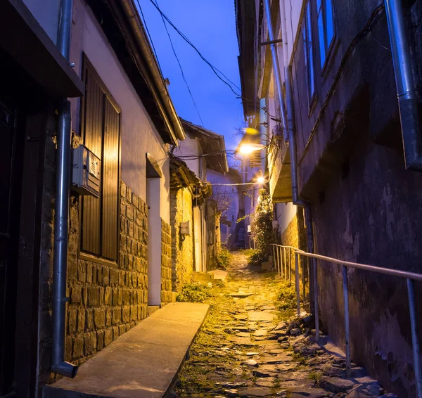 Calle empedrada iluminada con reflejos de luz sobre adoquines en la vieja ciudad histórica por la noche. La silueta borrosa oscura de la persona evoca a Jack el Destripador . — Foto de Stock