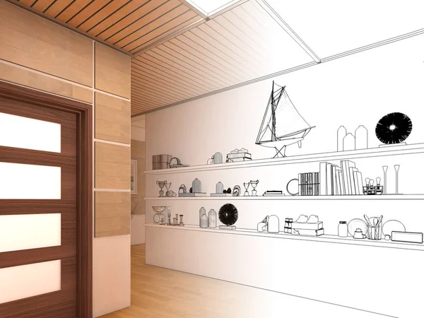 Vykreslení design interiéru otevřeného prostoru obývacího pokoje v domě luxusní. — Stock fotografie
