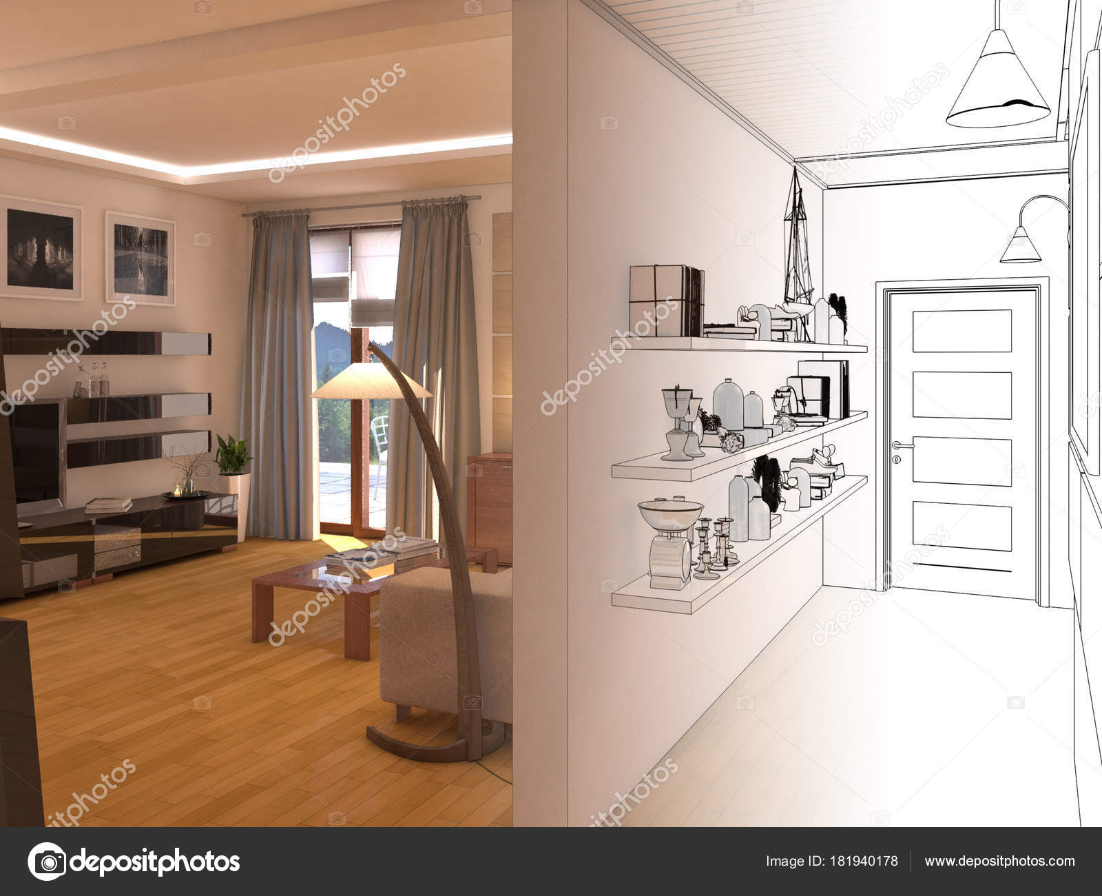 Render Interior Design Of Open Space Living Room In Luxury House Stock Photo C Wassiliy 181940178