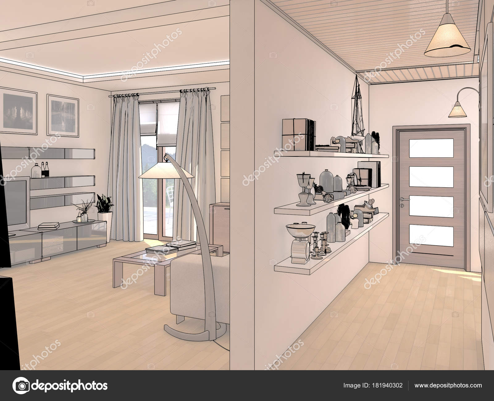 Render Interior Design Of Open Space Living Room In Luxury House Stock Photo C Wassiliy 181940302