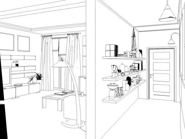 豪华住宅开放式空间起居室的渲染室内设计. — 图库照片