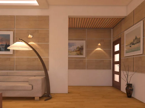 Interieur van de woonkamer open ruimte in luxe huis renderen. — Stockfoto