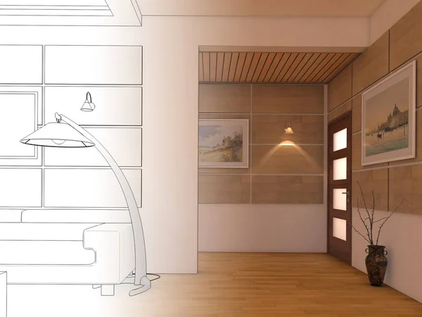 Render Interior design di open space soggiorno in casa di lusso . — Foto Stock