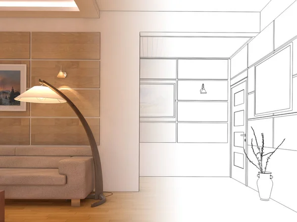 Renderizar Design de interiores de espaço aberto sala de estar em casa de luxo . — Fotografia de Stock