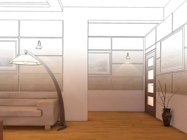 Render Diseño interior de sala de estar de espacio abierto en casa de lujo . — Foto de Stock