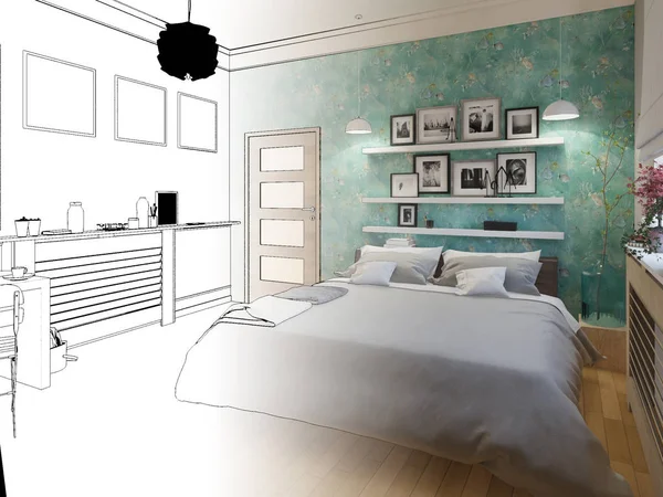 3D tavené bílé minimální ložnici interiérového designu — Stock fotografie
