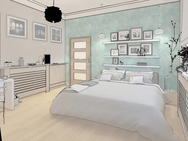 Diseño de interiores de dormitorio mínimo en blanco 3D — Foto de Stock